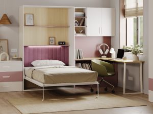 Komplet Flexi Bed Lumi - zložljiva postelja s pisalno mizo, kašmir in starinsko roza