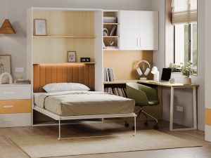 Komplet Flexi Bed Lumi - zložljiva postelja s pisalo mizo, kašmir in rumena