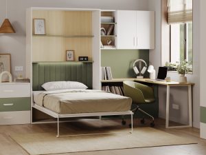 Komplet Flexi Bed Lumi - zložljiva postelja s pisalno mizo v barvi kašmir in olivno zelena